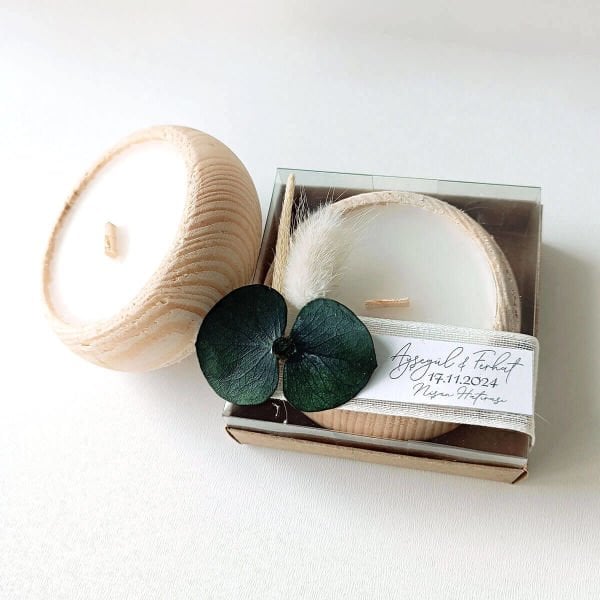 Nikah Şekeri Hediyeliği Asetat Kutu İçerisinde Ahşap Tabak Mumluk Nks-292