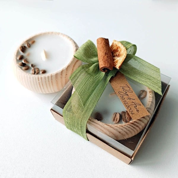 Nikah Hediyeliği Asetat Kutu İçerisinde Kahve Çekirdekli Ahşap Tabak Mumluk Nks-294