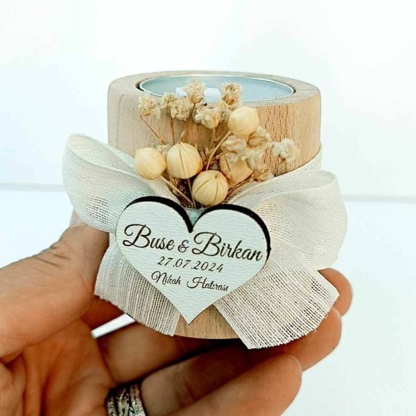 Nikah Şekeri Hediyeliği Naturel Silindir Ahşap Mumluk Nks-219