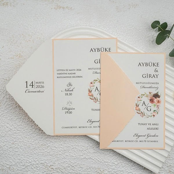 Zarfsız Katlamalı Çiçekli Rose Renk Ekonomik Düğün Davetiyesi Ekn-4631