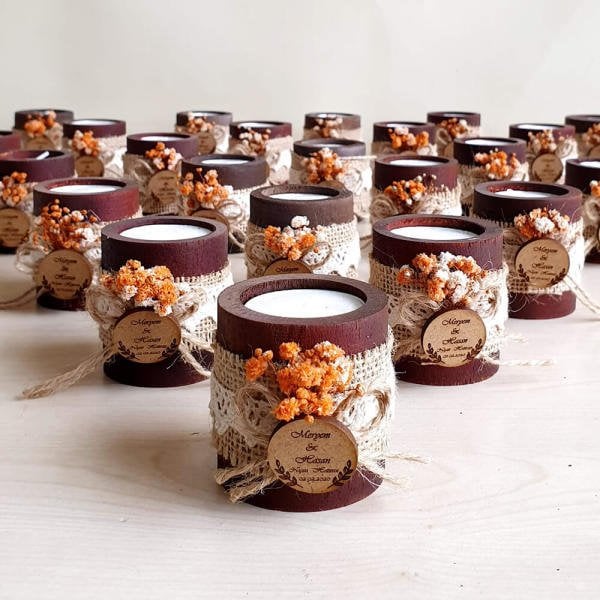 Nikah Şekeri Hediyeliği Silindir Ahşap Mumluk Nks-57