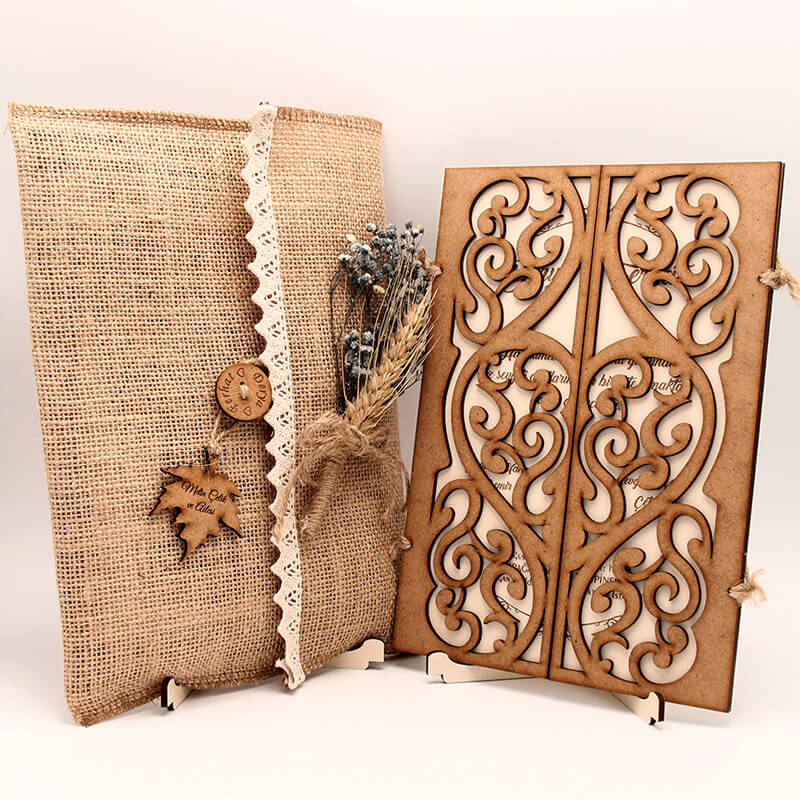 Ahşap Düğün Davetiyesi AHD-3016 | Damarlı Kalp Desenli Ahşap Davetiye