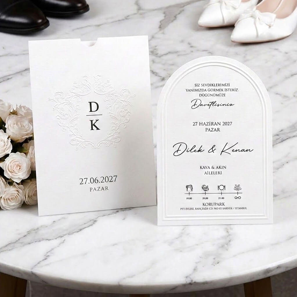 Düğün Davetiyesi Ar-602627 Beyaz Renk Kabartma Desenli Pencere Kesim Davetiye
