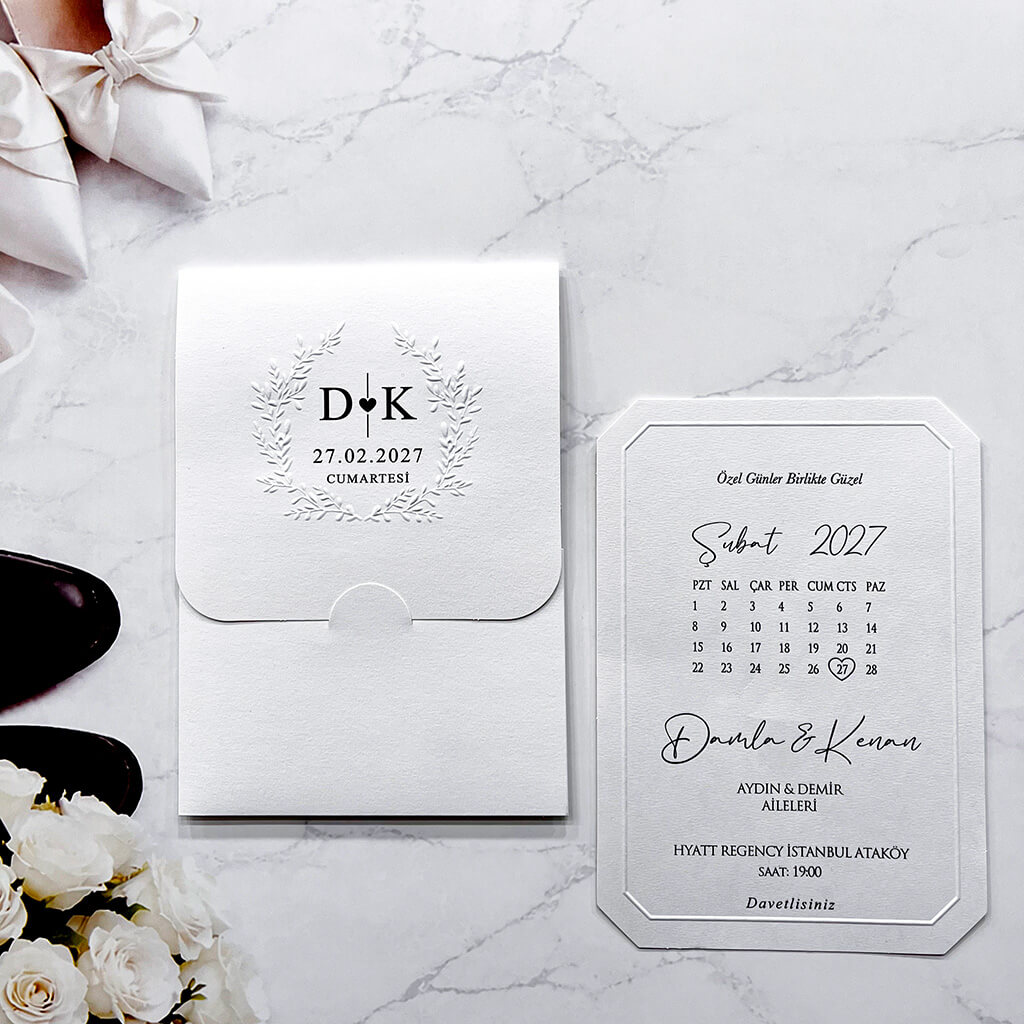 Düğün Davetiyesi Ar-602628 Beyaz Renk Kabartma Desenli Takvim Tasarımlı Davetiye