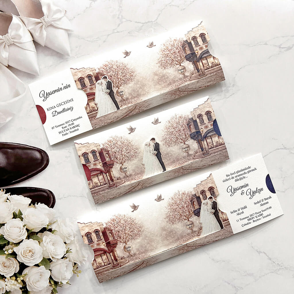 Düğün Davetiyesi Ar-602642 Tesettürlü Gelin ve Damat Figürlü Hareketli Davetiye