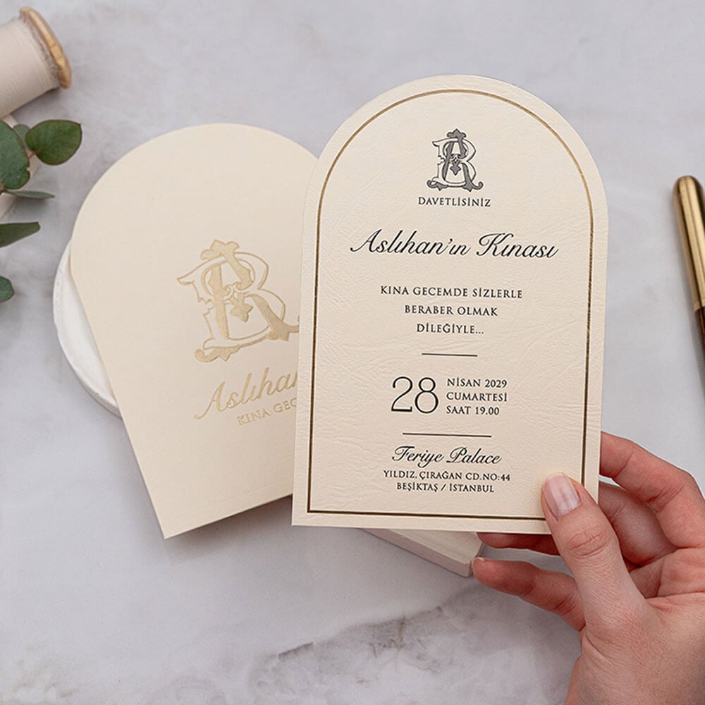 Kına Davetiyesi Er-50K-22 Somon Renk Soft Dokulu Oval Kesim İlginç Davetiyesi