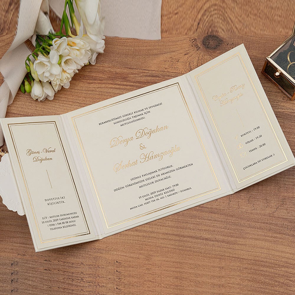 Düğün Davetiyesi Er-505104 | Krem Renk Karton Mühürlü Kalın Lüks Davetiye
