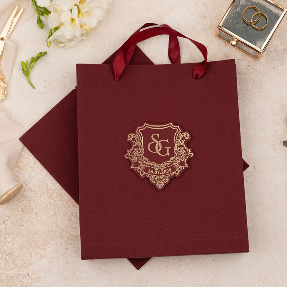 Düğün Davetiyesi Er-505113 | Bordo Renk Çantalı Zarflı Karton Mühürlü Kalın Lüks Davetiye