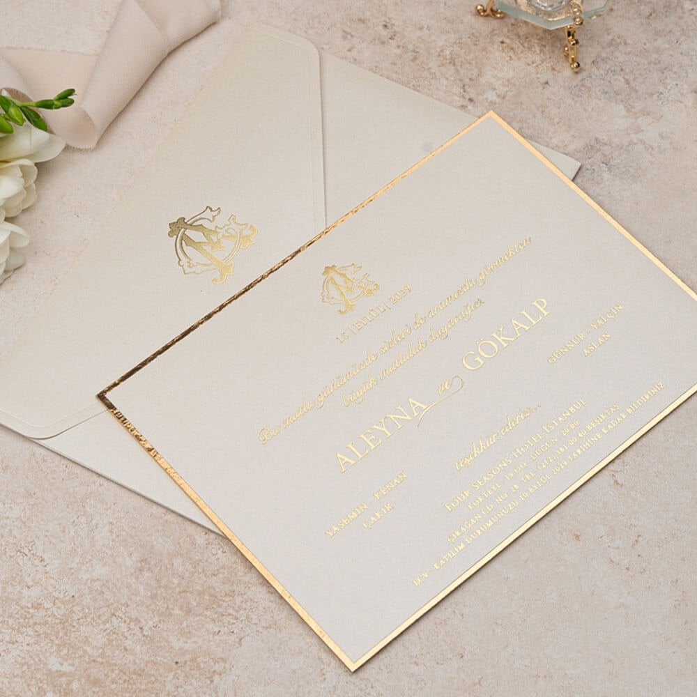 Düğün Davetiyesi Er-505139 | Krem Renk Zarflı Kalın Lüks Davetiye