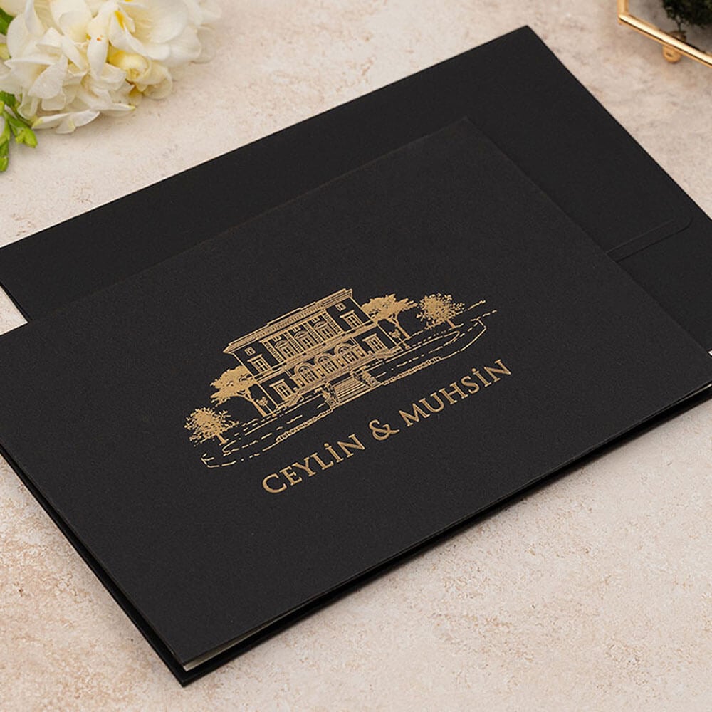 Düğün Davetiyesi Er-505102 | Siyah Renk Zarflı Katlamalı Kalın Lüks Davetiye