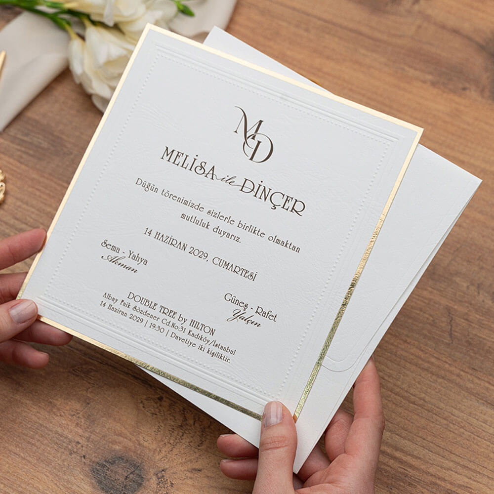 Düğün Davetiyesi Er-505117 | Deri Desen Zarflı Kare Modern Davetiye