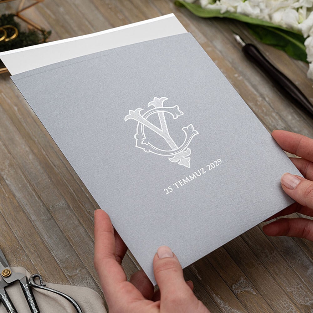 Düğün Davetiyesi Er-505142 | Gri Zarflı Çapraz Kesim Modern Davetiye