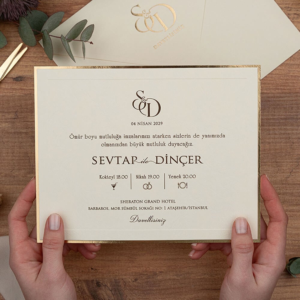 Düğün Davetiyesi Er-505116 | Altın Varak Yaldız Çerçeveli Modern Davetiye