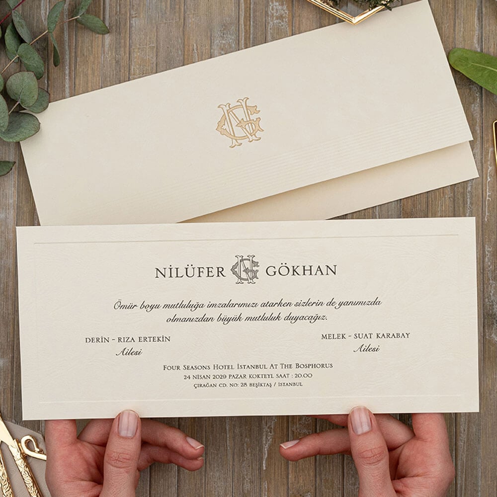 Düğün Davetiyesi Er-505123 | Krem Renk Deri Dokulu Yatay Modern Davetiye