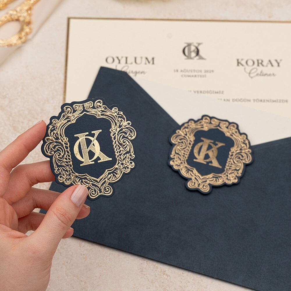 Düğün Davetiyesi Er-505122 | Lacivert Zarflı Karton Mühürlü Modern Davetiye