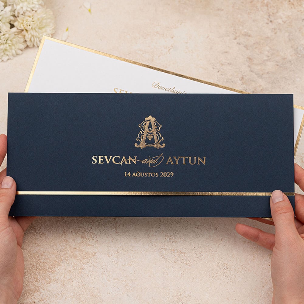 Düğün Davetiyesi Er-505141 | Lacivert Zarflı Varak Yaldız Çerçeveli Modern Davetiye