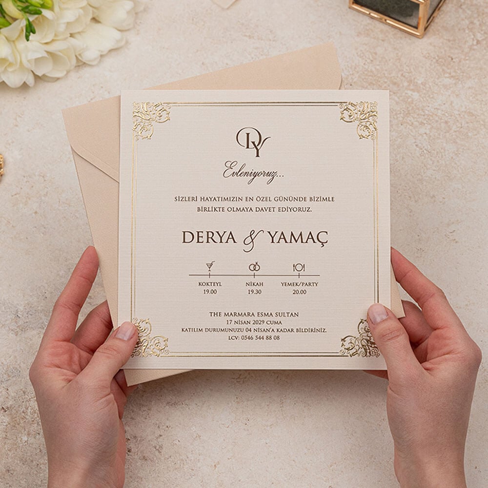 Düğün Davetiyesi Er-505115 | Rose Zarflı Varak Yaldız Çerçeveli Kare Davetiye