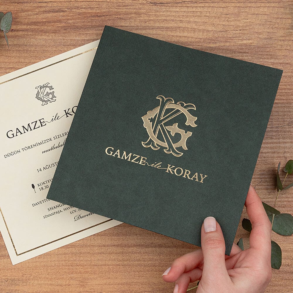 Düğün Davetiyesi Er-505128 | Yeşil Renk Zarflı Kare Modern Davetiye