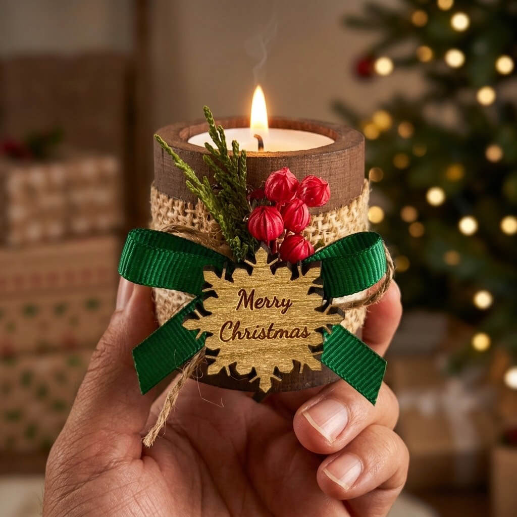 Yılbaşı Süsü ve Hediyeliği Silindir Ahşap Mumluk YLB-7057 Merry Christmas