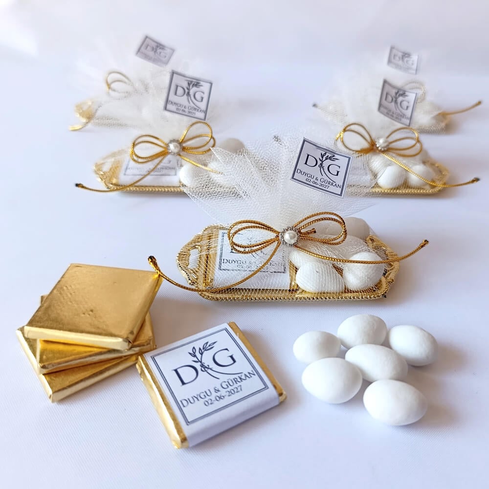 Nikah Şekeri Nks-317A Madlen Çikolata ve Badem Şekerli Gold Metal Mini Tepsi 2