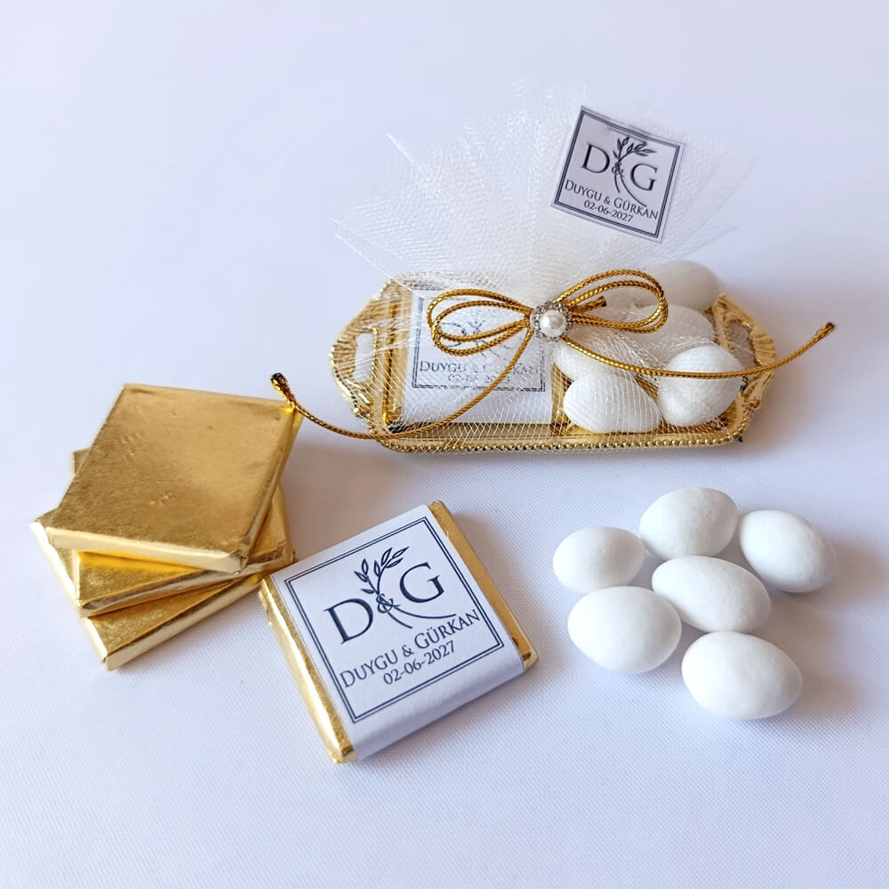 Nikah Şekeri Nks-317A Madlen Çikolata ve Badem Şekerli Gold Metal Mini Tepsi 1