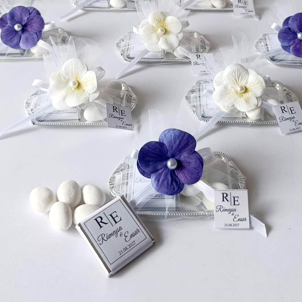 Nikah Şekeri Nks-317B Madlen Çikolata ve Badem Şekerli Gümüş Metal Mini Tepsi 1