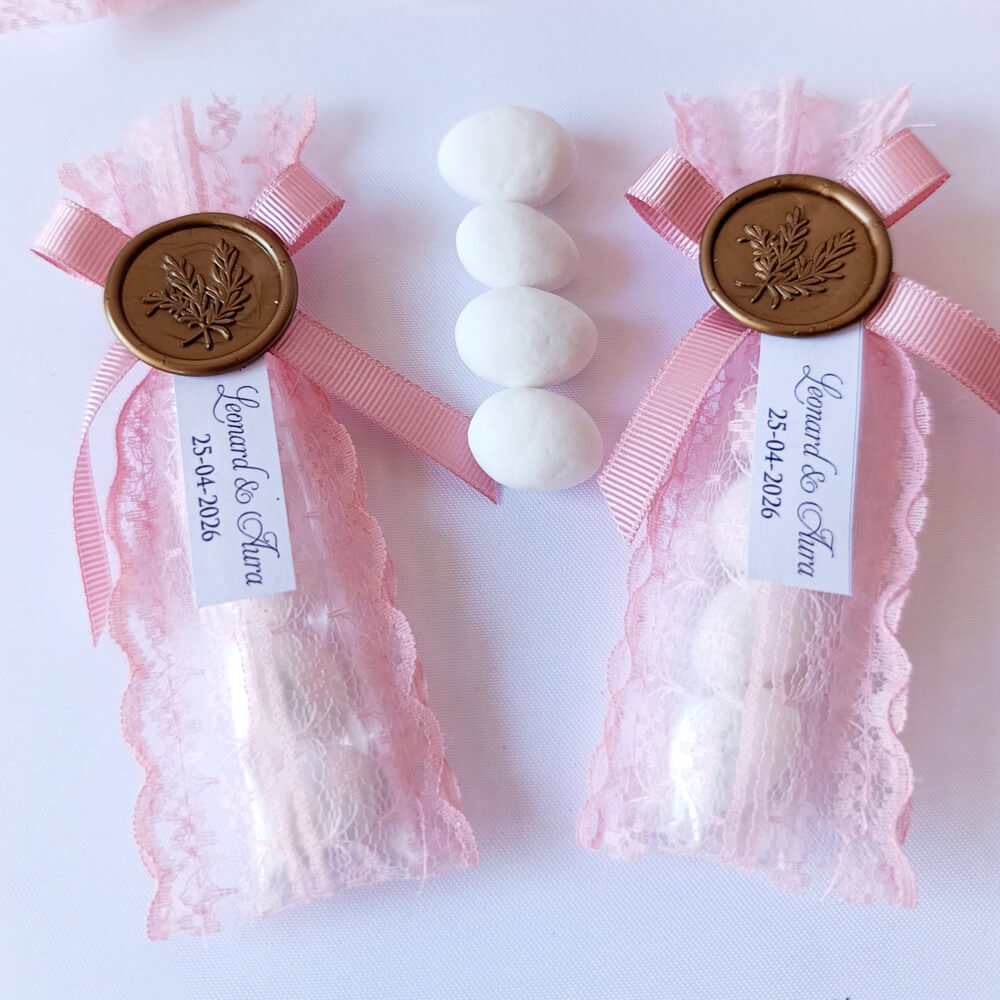 Nikah Şekeri Magnet Nks-320B Badem Şekerli Mühürlü Pembe Organze Tül Kese 1