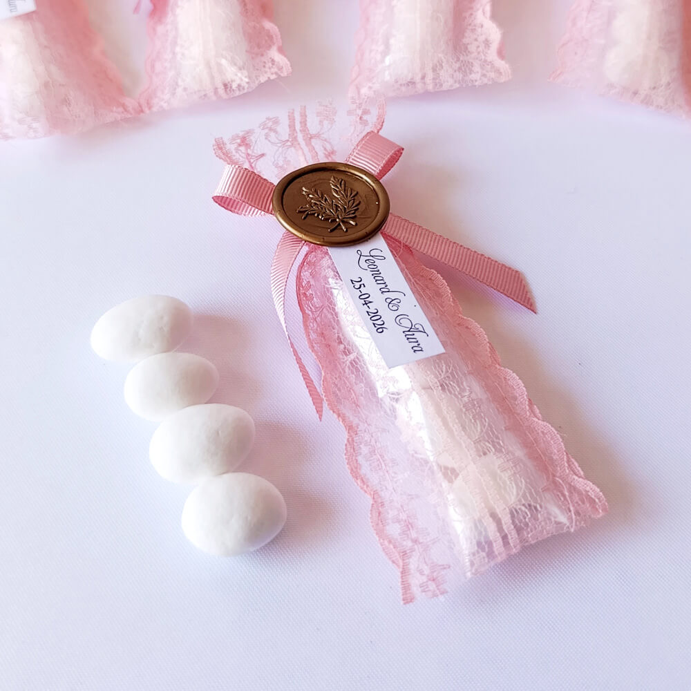 Nikah Şekeri Magnet Nks-320B Badem Şekerli Mühürlü Pembe Organze Tül Kese 2