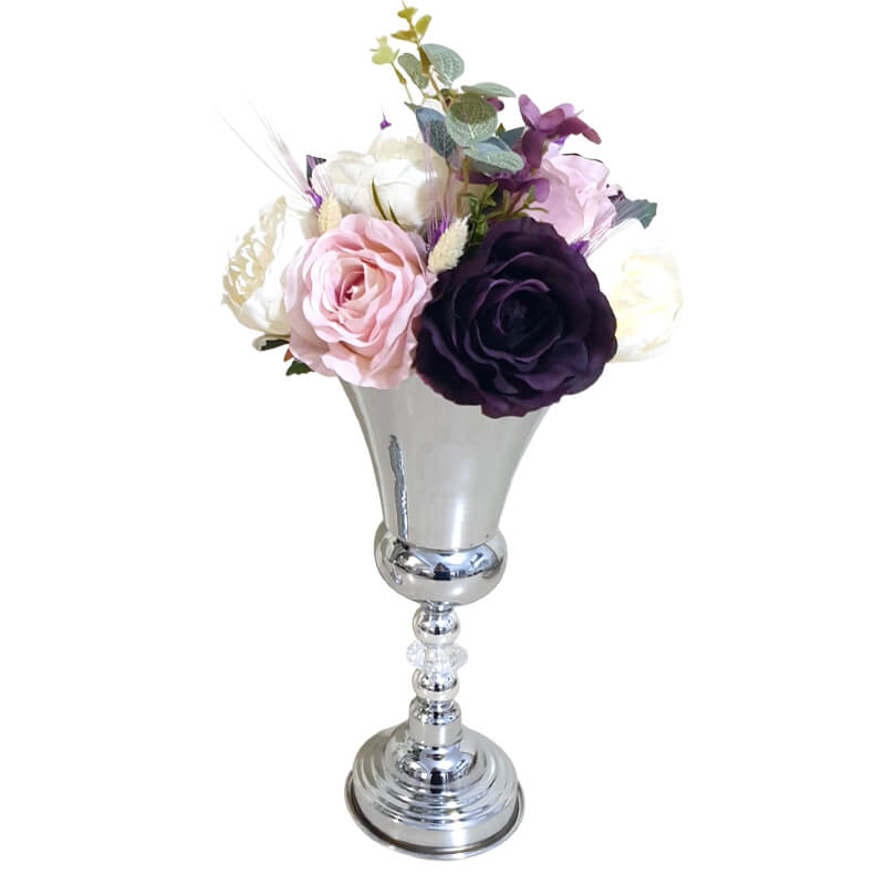 Çiçekli Vazo Vz-02S | Yapay Çiçek Demeti ve Geniş Ağızlı Metal Vazo