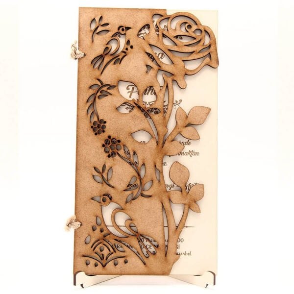 Ahşap Düğün Davetiyesi Modelleri Bülbül ve Gül Desenli Ahşap Davetiye AHD-3037b