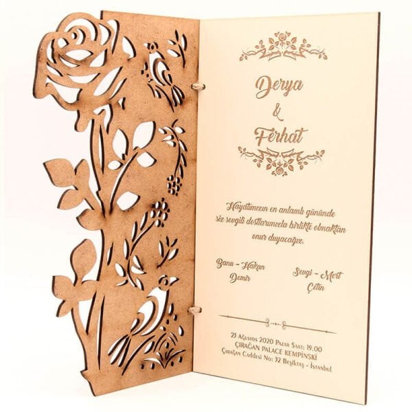 Ahşap Düğün Davetiyesi Modelleri Bülbül ve Gül Desenli Ahşap Davetiye AHD-3037c