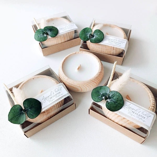 Nikah Şekeri Hediyeliği Asetat Kutu İçerisinde Ahşap Tabak Mumluk Nks-292