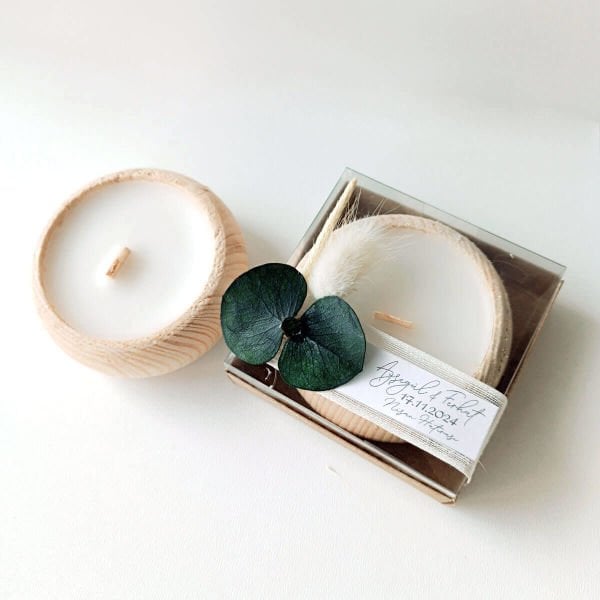 Nikah Şekeri Hediyeliği Asetat Kutu İçerisinde Ahşap Tabak Mumluk Nks-292