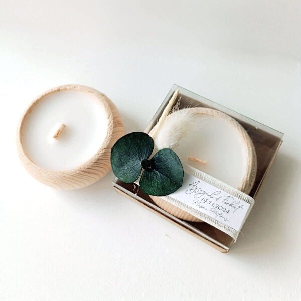 Nikah Şekeri Hediyeliği Asetat Kutu İçerisinde Ahşap Tabak Mumluk Nks-292h