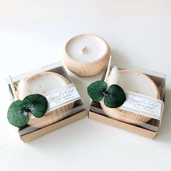 Nikah Şekeri Hediyeliği Asetat Kutu İçerisinde Ahşap Tabak Mumluk Nks-292