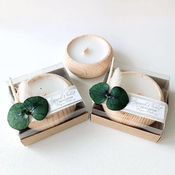 Nikah Şekeri Hediyeliği Asetat Kutu İçerisinde Ahşap Tabak Mumluk Nks-292b