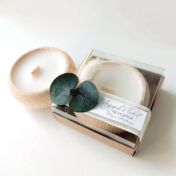 Nikah Şekeri Hediyeliği Asetat Kutu İçerisinde Ahşap Tabak Mumluk Nks-292