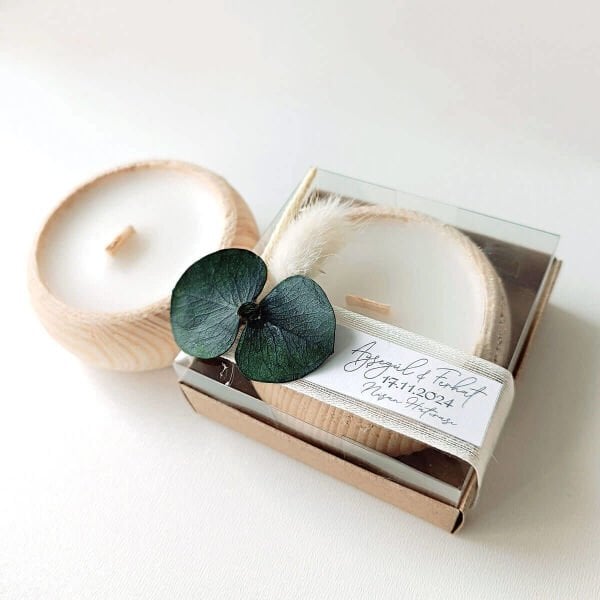 Nikah Şekeri Hediyeliği Asetat Kutu İçerisinde Ahşap Tabak Mumluk Nks-292d