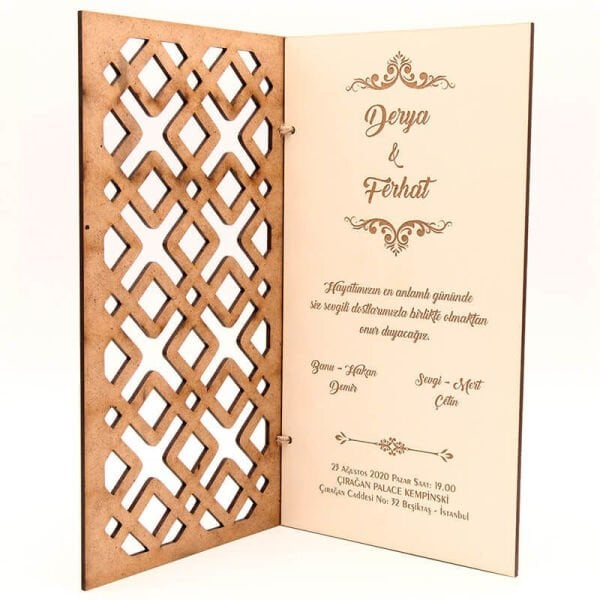 Ahşap Düğün Davetiyesi Modelleri Geometrik Desenli Ahşap Davetiye AHD-3036c