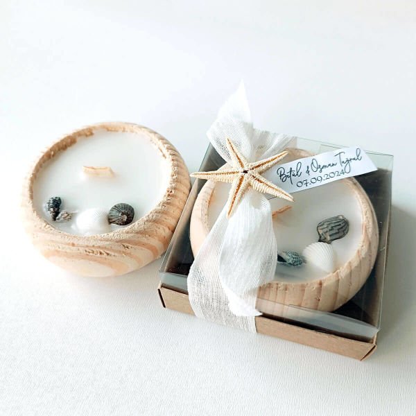 Nikah Hediyeliği Asetat Kutu İçerisinde Deniz Kabuklu Ahşap Tabak Mumluk Nks-293