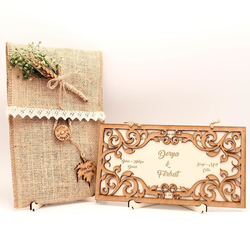 Ahşap Düğün Davetiyesi Modelleri Yaprak Motif Pencereli Ahşap Davetiye AHD-3035a