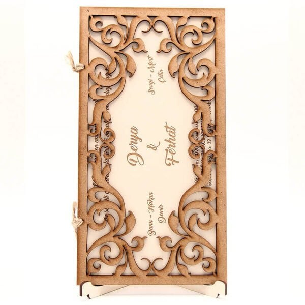 Ahşap Düğün Davetiyesi Modelleri Yaprak Motif Pencereli Ahşap Davetiye AHD-3035b