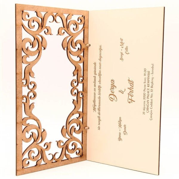 Ahşap Düğün Davetiyesi Modelleri Yaprak Motif Pencereli Ahşap Davetiye AHD-3035c