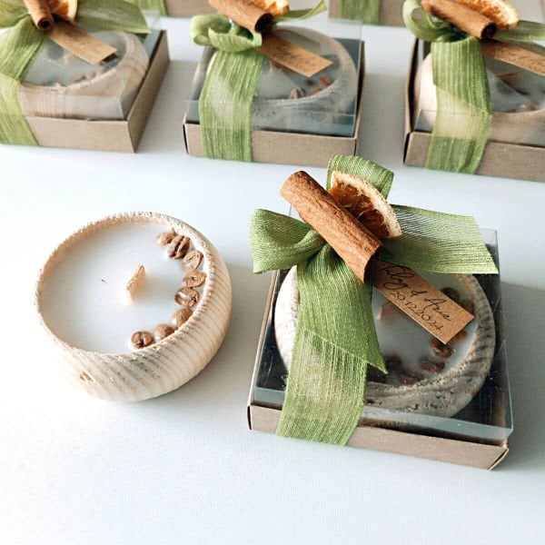 Nikah Hediyeliği Asetat Kutu İçerisinde Kahve Çekirdekli Ahşap Tabak Mumluk Nks-294