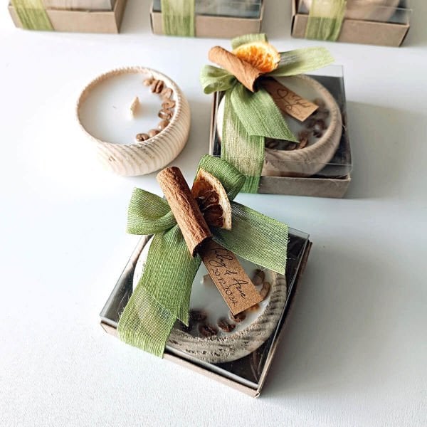 Nikah Hediyeliği Asetat Kutu İçerisinde Kahve Çekirdekli Ahşap Tabak Mumluk Nks-294