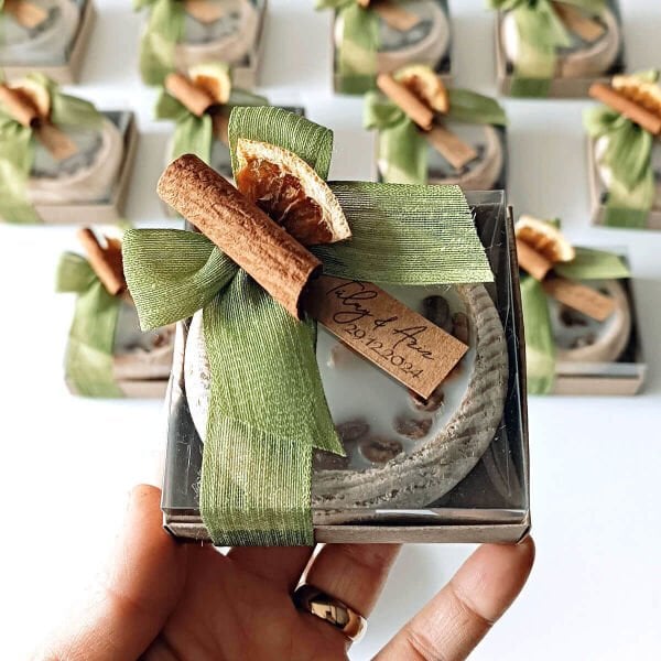 Nikah Hediyeliği Asetat Kutu İçerisinde Kahve Çekirdekli Ahşap Tabak Mumluk Nks-294d