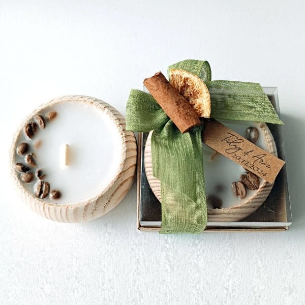 Nikah Hediyeliği Asetat Kutu İçerisinde Kahve Çekirdekli Ahşap Tabak Mumluk Nks-294