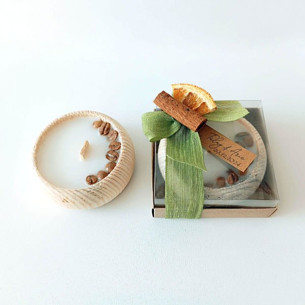 Nikah Hediyeliği Asetat Kutu İçerisinde Kahve Çekirdekli Ahşap Tabak Mumluk Nks-294