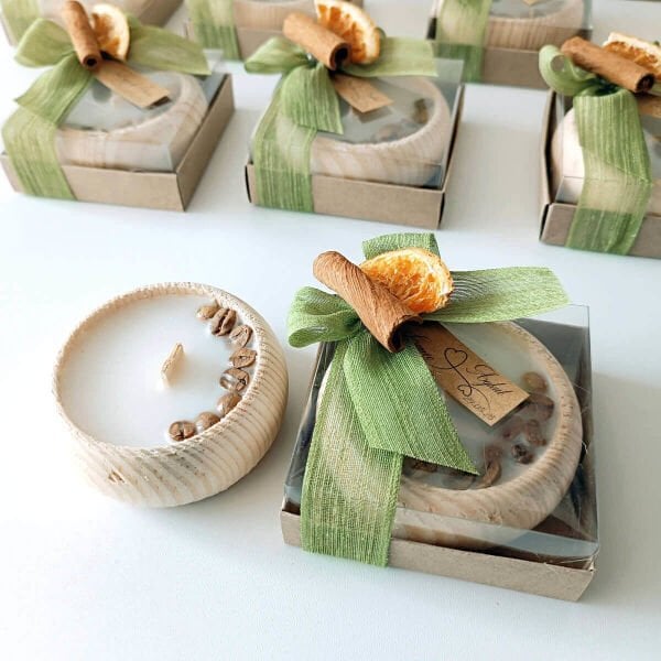 Nikah Hediyeliği Asetat Kutu İçerisinde Kahve Çekirdekli Ahşap Tabak Mumluk Nks-294e