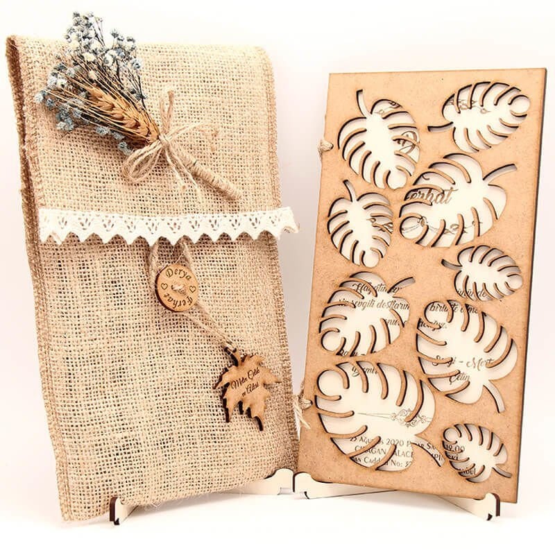 Ahşap Düğün Davetiyesi Modelleri 9 Yaprak Desenli Ahşap Davetiye AHD-3034a
